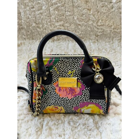 BETSY JOHNSON Mini Floral and Black White Polka Dot Satchel Crossbody Handbag - Picture 2 of 16